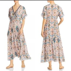 Johnny Was Jade Alona Mauve Ikat Silk Tiered Maxi Dress Boho Resort Size Medium